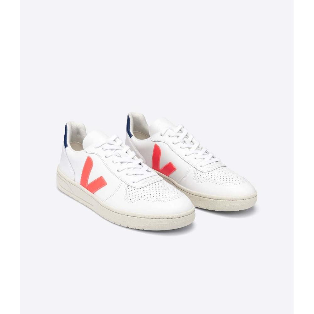 Veja V-10 LEATHER Women's Sneakers White/Orange/Blue | CA 646JPQ